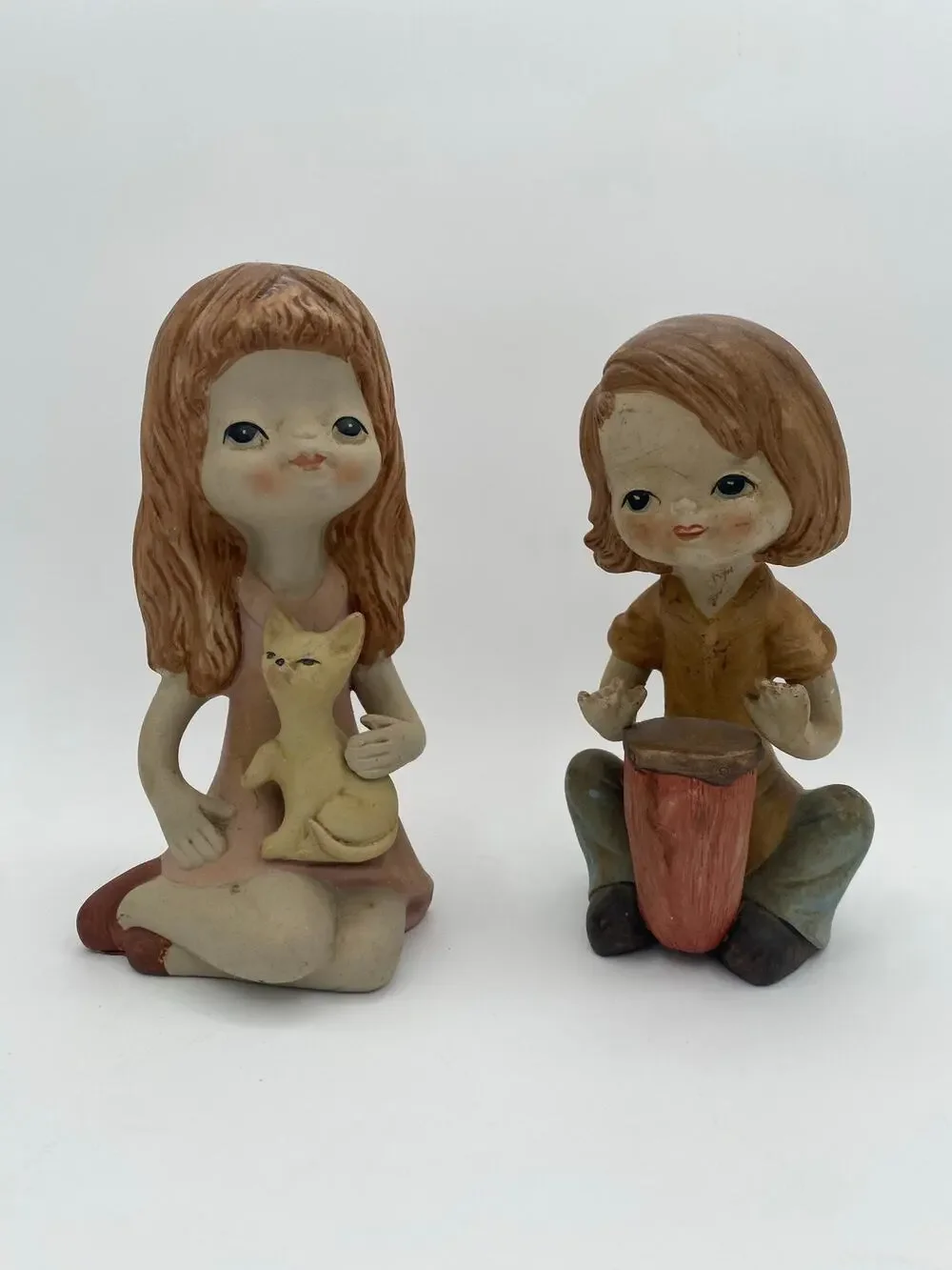 Vintage 1970s Ceramic Boy & Girl Figurine Cat Drum Set of 2